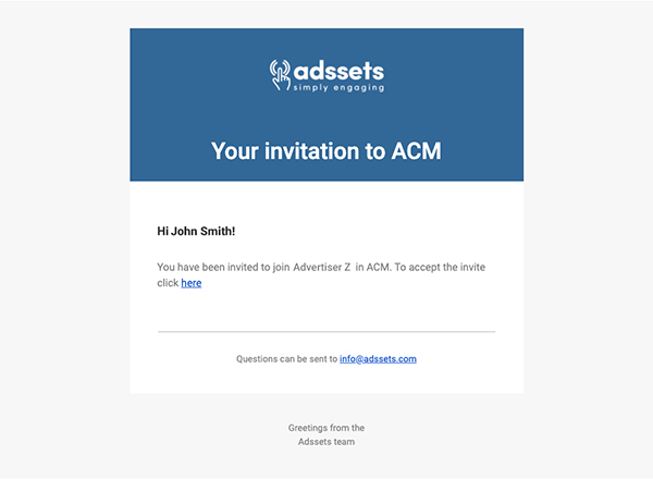 Example of invitation email to ACM sent through the user management.